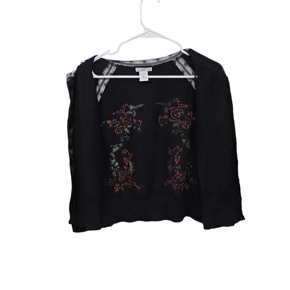 Black Floral Cardigan Sweater Lace Trim Beaded Diamond Buttons 3/4 Sleeves Sz M - Picture 5 of 6
